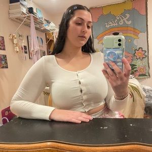 Cream Longsleeve Button-Up Crop Top